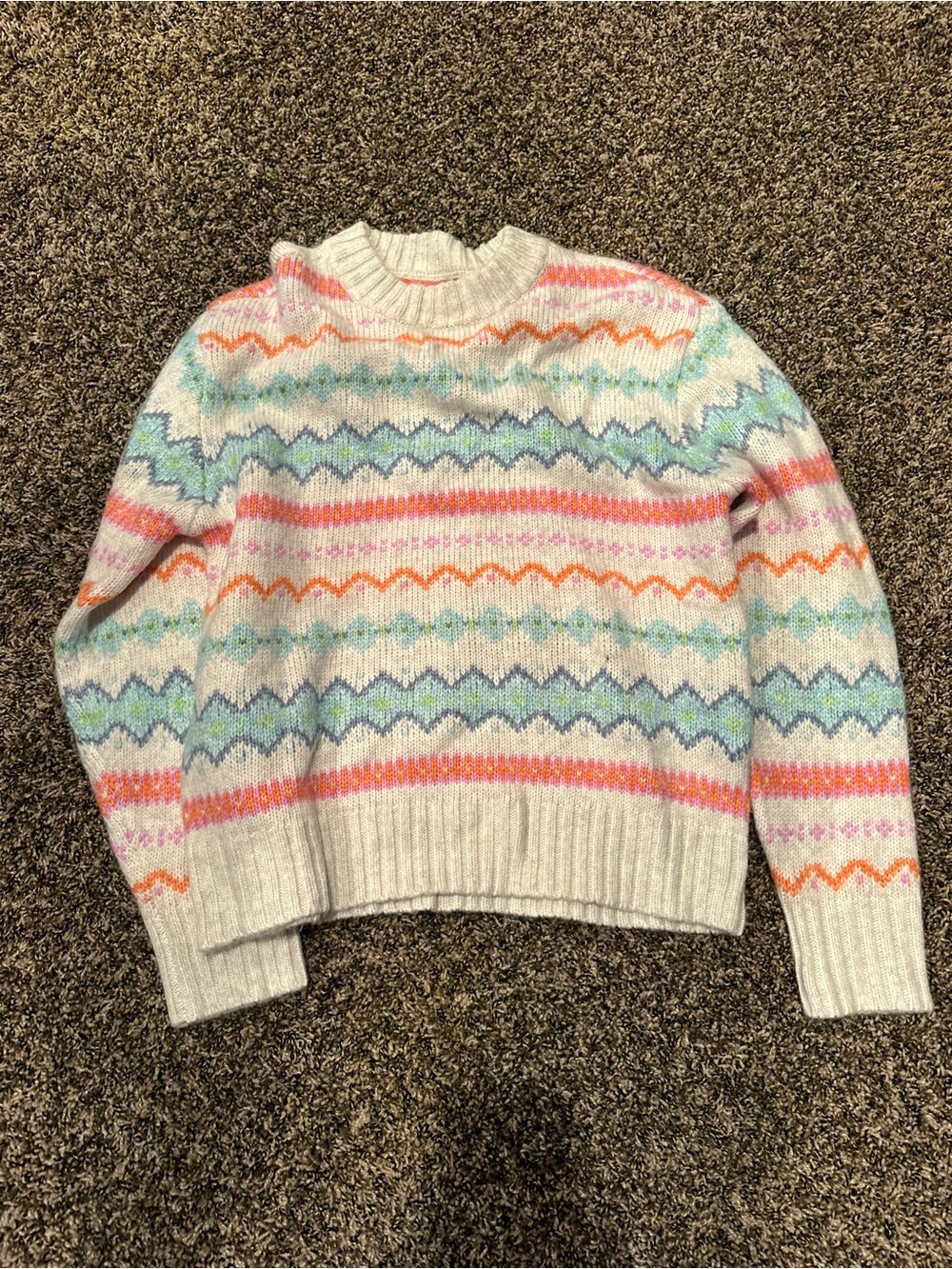 American Eagle Outfitters Cream Fair Isle Crewneck Sweater with Pastel Stripes